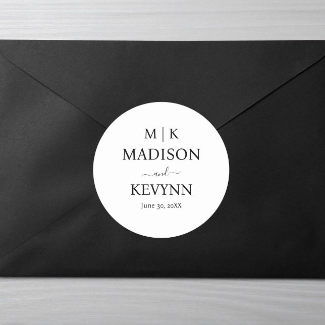Minimal & Elegant Black & White Monogram Wedding Classic Round Sticker (Creator Uploaded)