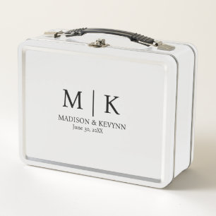 Minimal & Elegant Black & White Monogram Wedding Metal Lunch Box