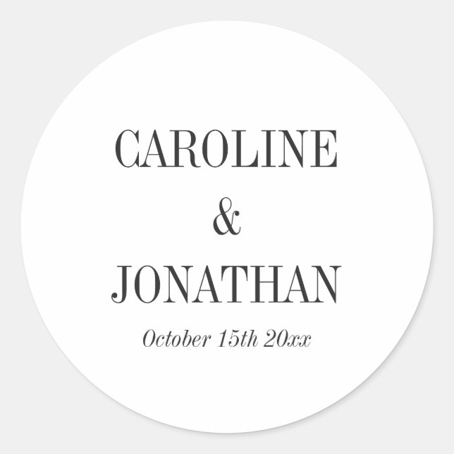 Minimal Elegant Black White Serif Wedding Names Classic Round Sticker (Front)