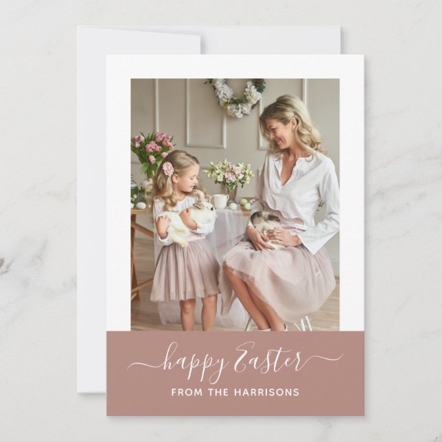 Minimal Elegant Blush Script Family Photo Easter Holiday Card (Front)