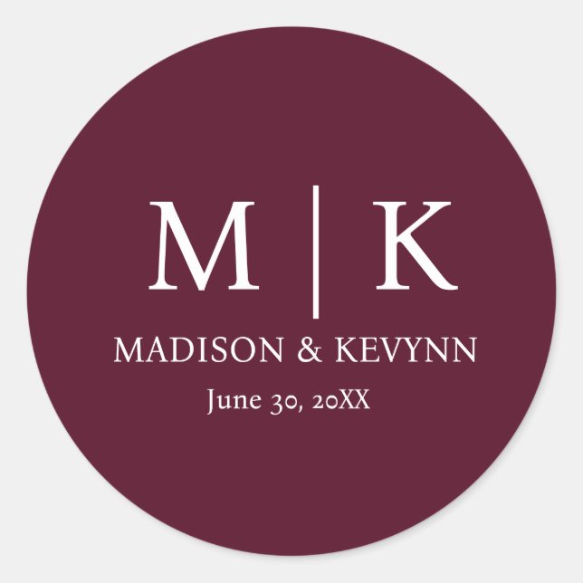 Minimal & Elegant Burgundy Monogram Wedding Classic Round Sticker (Front)