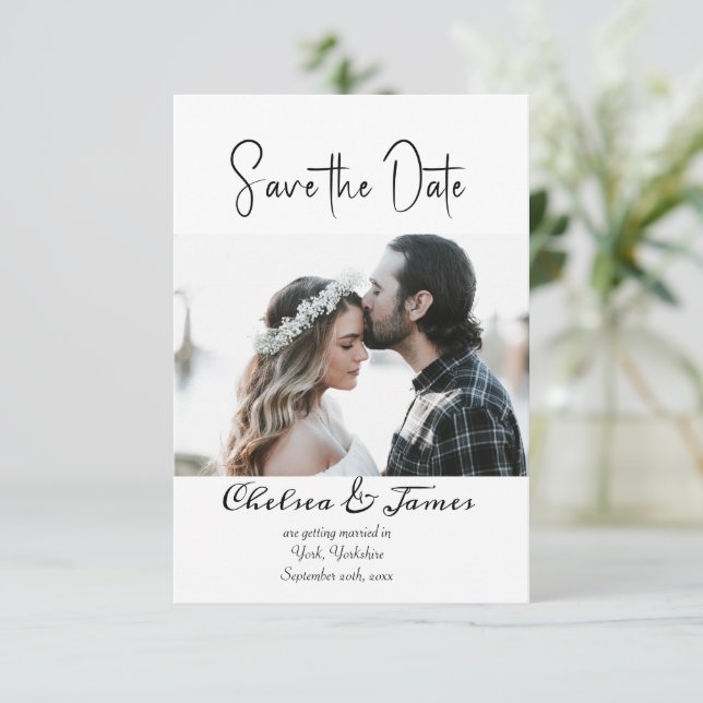 Minimal Elegant Calligraphy Photo Save the Date (Standing Front)
