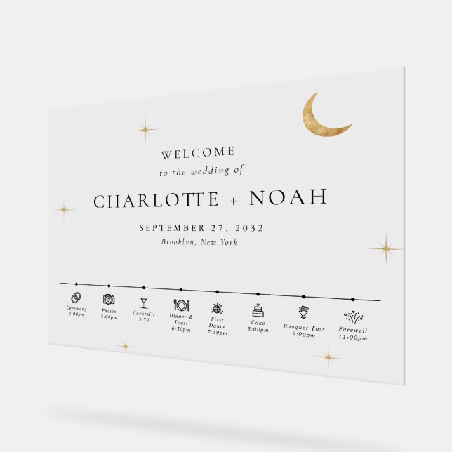 Minimal Elegant Celestial Wedding Timeline Welcome Acrylic Sign (Angle)