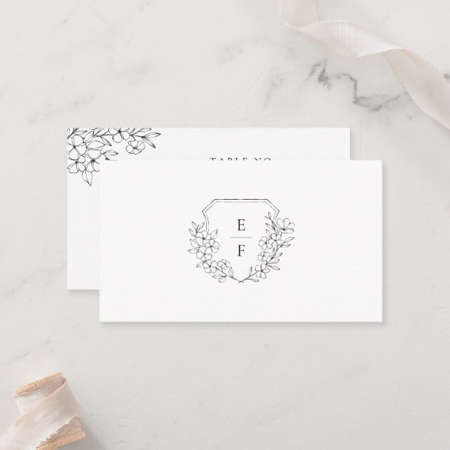 Minimal Elegant Cherry Blossom Monogram Crest Place Card (Front/Back In Situ)