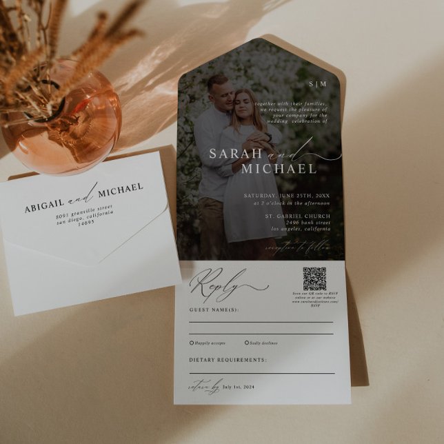 Minimal Elegant Clean Script QR Code Photo Wedding All In One Invitation (Creator Uploaded)