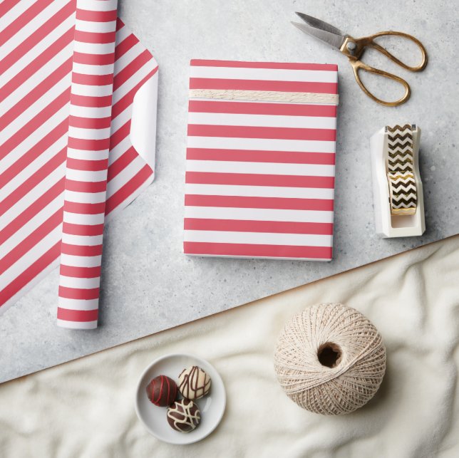 Minimal Elegant Coral Pink Red White Stripes Wrapping Paper (Crafts)