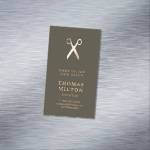 Minimal Elegant Dark Brown Faux Metal Hair Stylist Magnetic Business Card