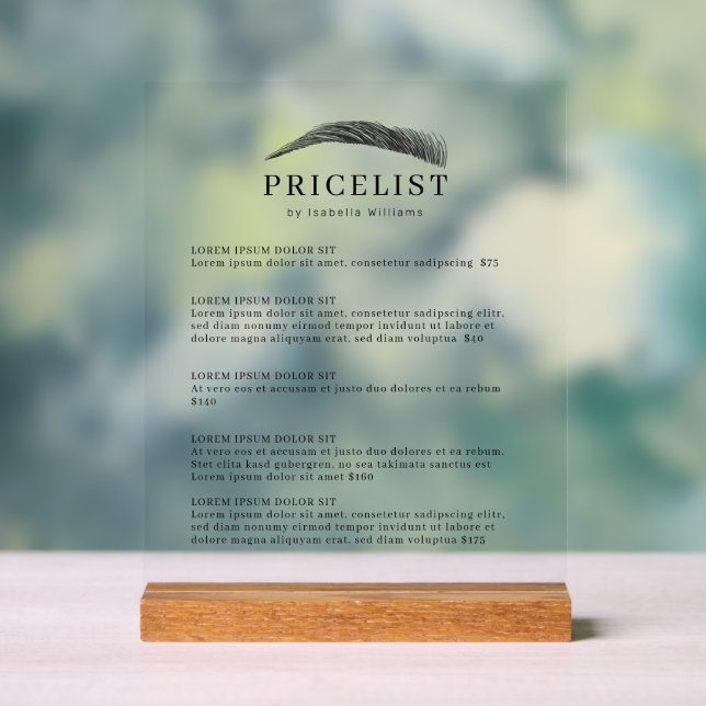 Minimal Elegant Eyebrow Salon Pricelist Acrylic Sign (Neutral)