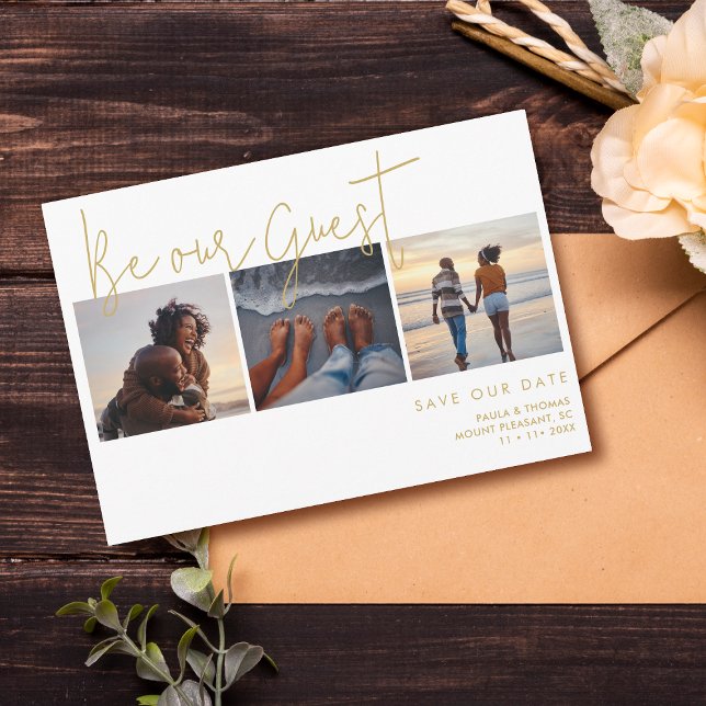 Minimal Elegant Fake Gold Effect 3 Photos Wedding Save The Date (Minimal Elegant Fake Gold Effect 3 Photos Wedding Save the Dates Cards with Envelope.)