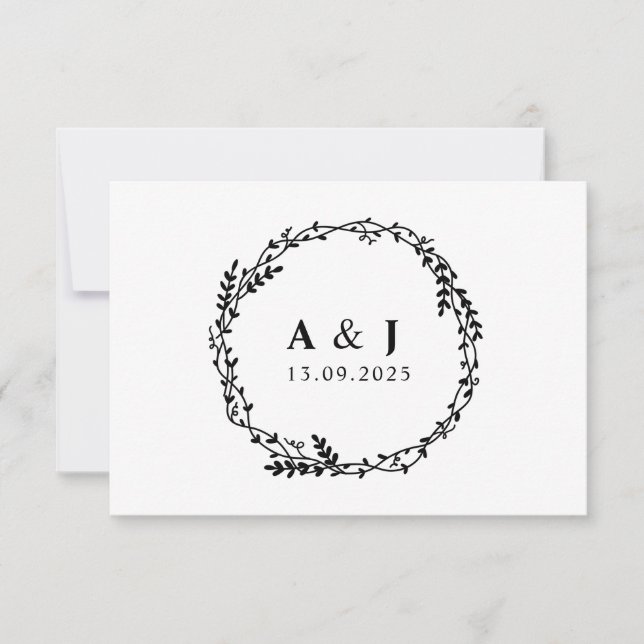 Minimal Elegant Floral Botanical Monograms Wreath Save The Date (Front)