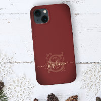 Minimal Elegant Floral Red & Gold S Name Monogram