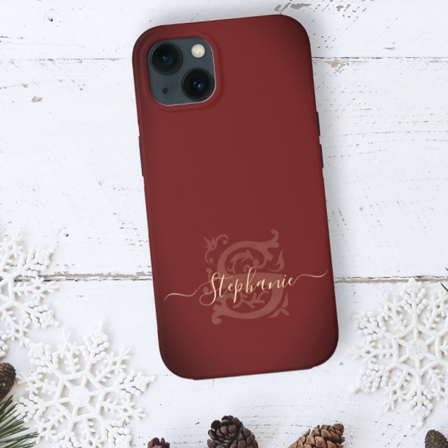 Minimal Elegant Floral Red & Gold S Name Monogram  Case-Mate iPhone Case (Creator Uploaded)