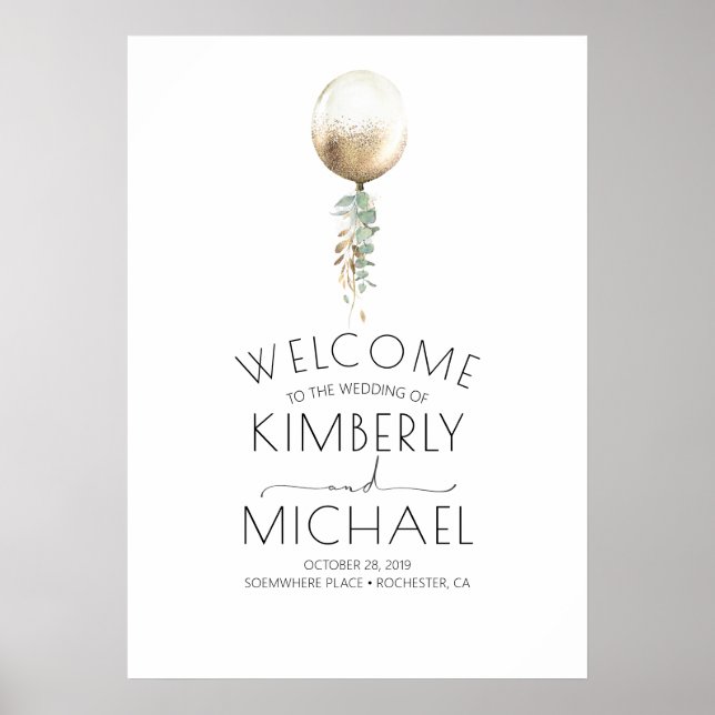 Minimal Elegant Gold Balloon and Greenery Wedding Poster (Front)