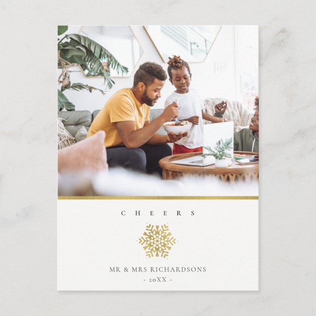 Minimal Elegant Gold Snowflake Photo Cheers Holiday Postcard (Front)