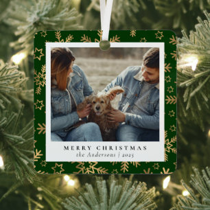 Minimal Elegant Green Gold Christmas Couple Photo Metal Ornament