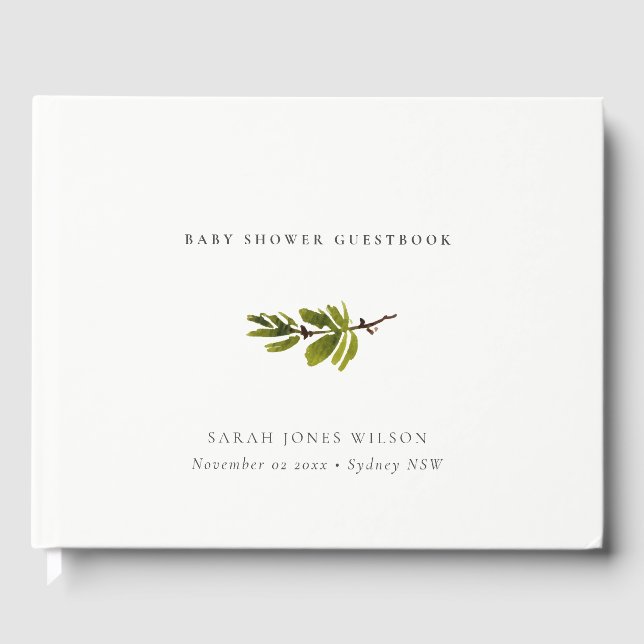 Minimal Elegant Green Pine Branch Baby Shower Guest Book (Front)