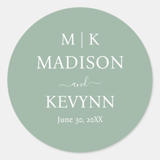 Minimal & Elegant Green & White Monogram Wedding Classic Round Sticker (Front)