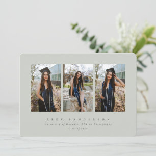Minimal Elegant Grey-Green Triple Photo Graduation Announcement