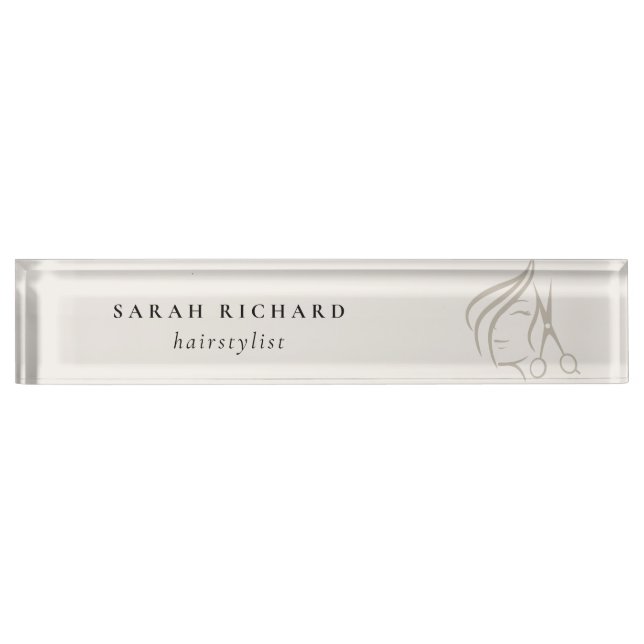 Minimal Elegant Hairstylist Ivory Hair Scissor  Nameplate (Front)