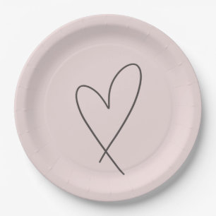 Minimal Elegant Line Art Heart Wedding Blush Pink Paper Plate
