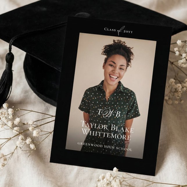 Minimal Elegant Monogram Black Graduation Photo Announcement (Minimal Elegant Monogram Black Graduation Photo Announcement)