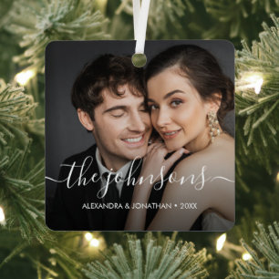 Minimal elegant name script Couple Photo Christmas Metal Ornament
