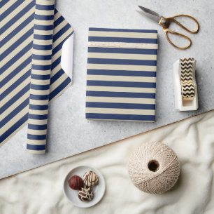 Minimal Elegant Navy Beige Stripes Wrapping Paper