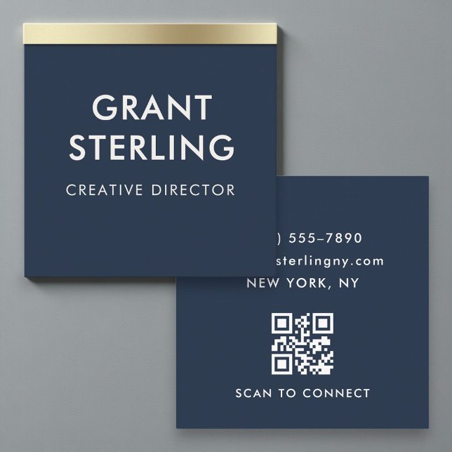Minimal Elegant Navy Blue QR Code Professional Square Business Card (Creator Uploaded)