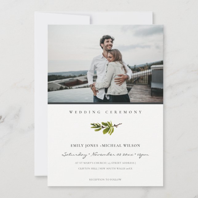 Minimal Elegant Pine Branch Photo Wedding Invite (Front)