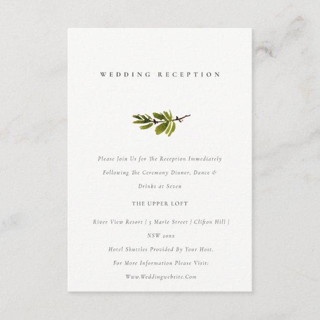Minimal Elegant Pine Tree Branch Wedding Reception Enclosure Card (Front)