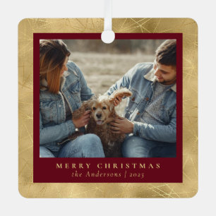 Minimal Elegant Red & Gold Christmas Couple Photo Metal Ornament