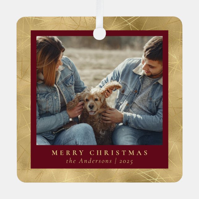 Minimal Elegant Red & Gold Christmas Couple Photo Metal Ornament (Front)