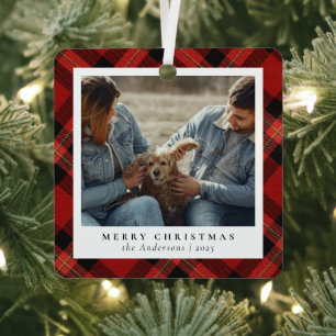Minimal Elegant Red Plaid Christmas Couple Photo Metal Ornament