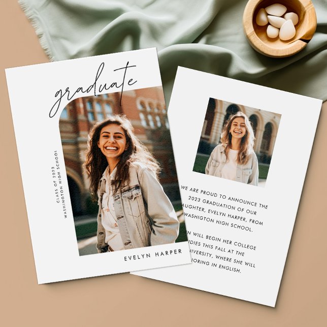 Minimal Elegant Script Arch Two Photo Graduation Announcement (Creator Uploaded)