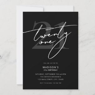 Minimal Elegant Script Black 21st Birthday Party Invitation