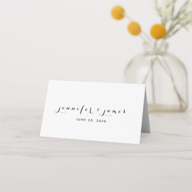 Minimal Elegant Script Black White Names Wedding Place Card (Front)