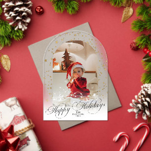 Minimal Elegant Script Christmas Card Arch Photo Acrylic Invitations