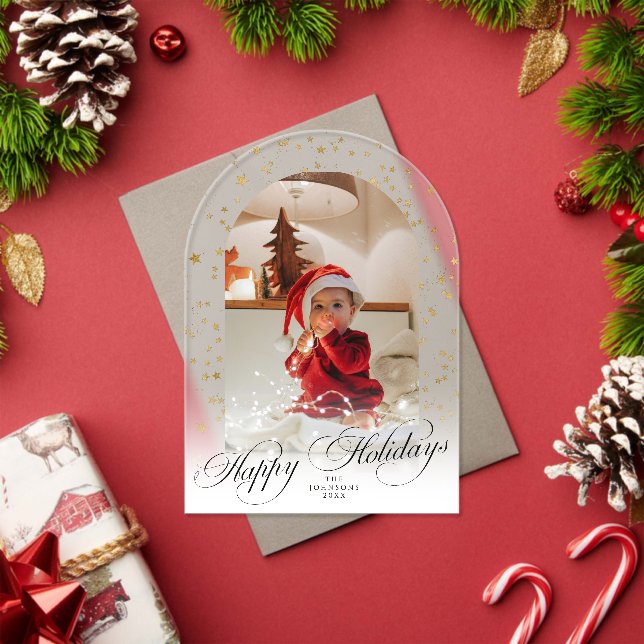 Minimal Elegant Script Christmas Card Arch Photo Acrylic Invitations (Insitu (Holiday))