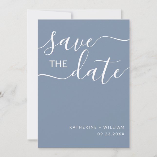 Minimal Elegant Script Dusty Blue Save The Date (Front)