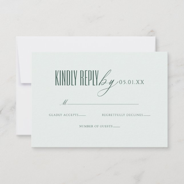 Minimal Elegant Script Green QR Code Wedding RSVP Card (Front)