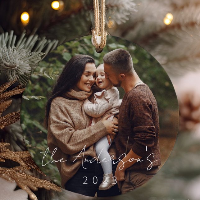 Minimal Elegant Simple Christmas Family Photo Ceramic Ornament (Creator Uploaded)