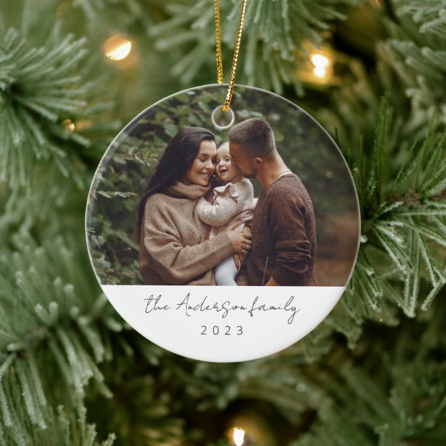Minimal Elegant Simple Christmas Family Photo Ceramic Ornament (Tree)