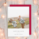 Minimal Elegant Simple Christmas Family Photo Red Holiday Card<br><div class="desc">A stylish minimal photo holiday card with classic typography "Happy Holidays" in black on a clean simple minimalist white background and a rich red feature colour on the reverse. The photo, holiday greeting and name can be easily customized for a personal touch. A simple, minimalist and contemporary christmas design to...</div>