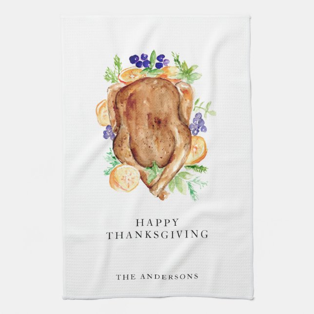 Minimal Elegant Thanksgiving Dinner Custom Name Kitchen Towel (Vertical)