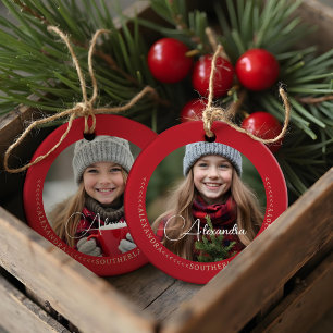 Minimal Elegant Two Photo Collage Keepsake Red Ceramic Ornament