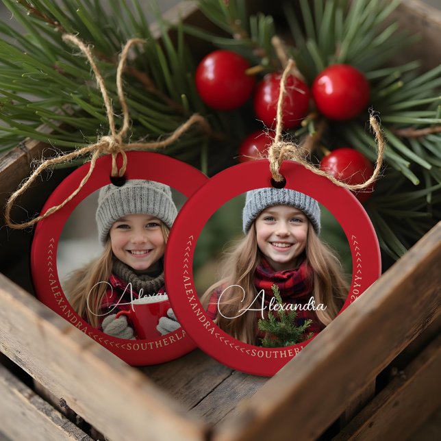 Minimal Elegant Two Photo Collage Keepsake Red Ceramic Ornament (Minimal Elegant Two Photo Collage Keepsake Red Ceramic Ornament)