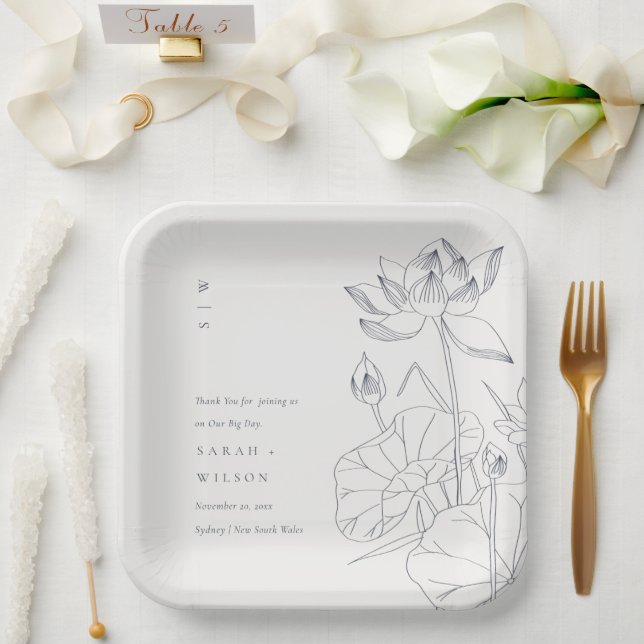Minimal Elegant Waterlily Floral Sketch Wedding Paper Plate (Wedding)