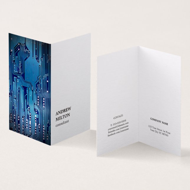 Minimal Elegant White Blue CircuitBoard Consultant Business Card (Inside and Outside)