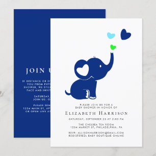Minimal Elephant Blue Baby Shower Virtual Option Invitation