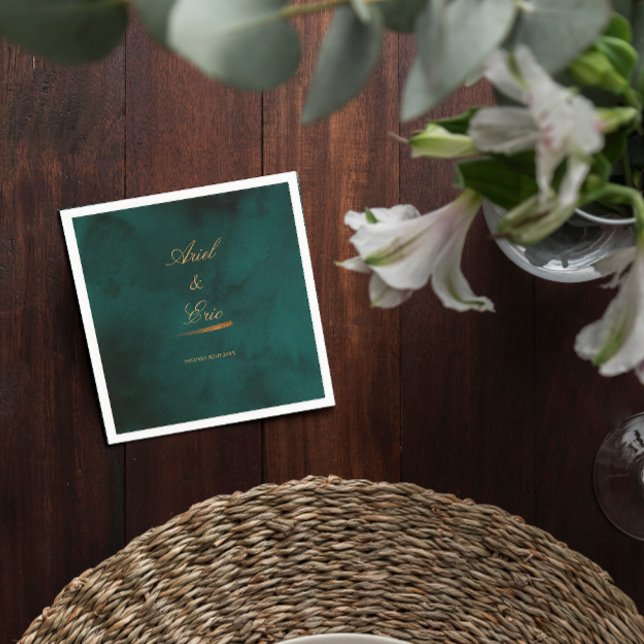 Minimal Emerald Green and Gold Script Wedding Napkin (Creator Uploaded)